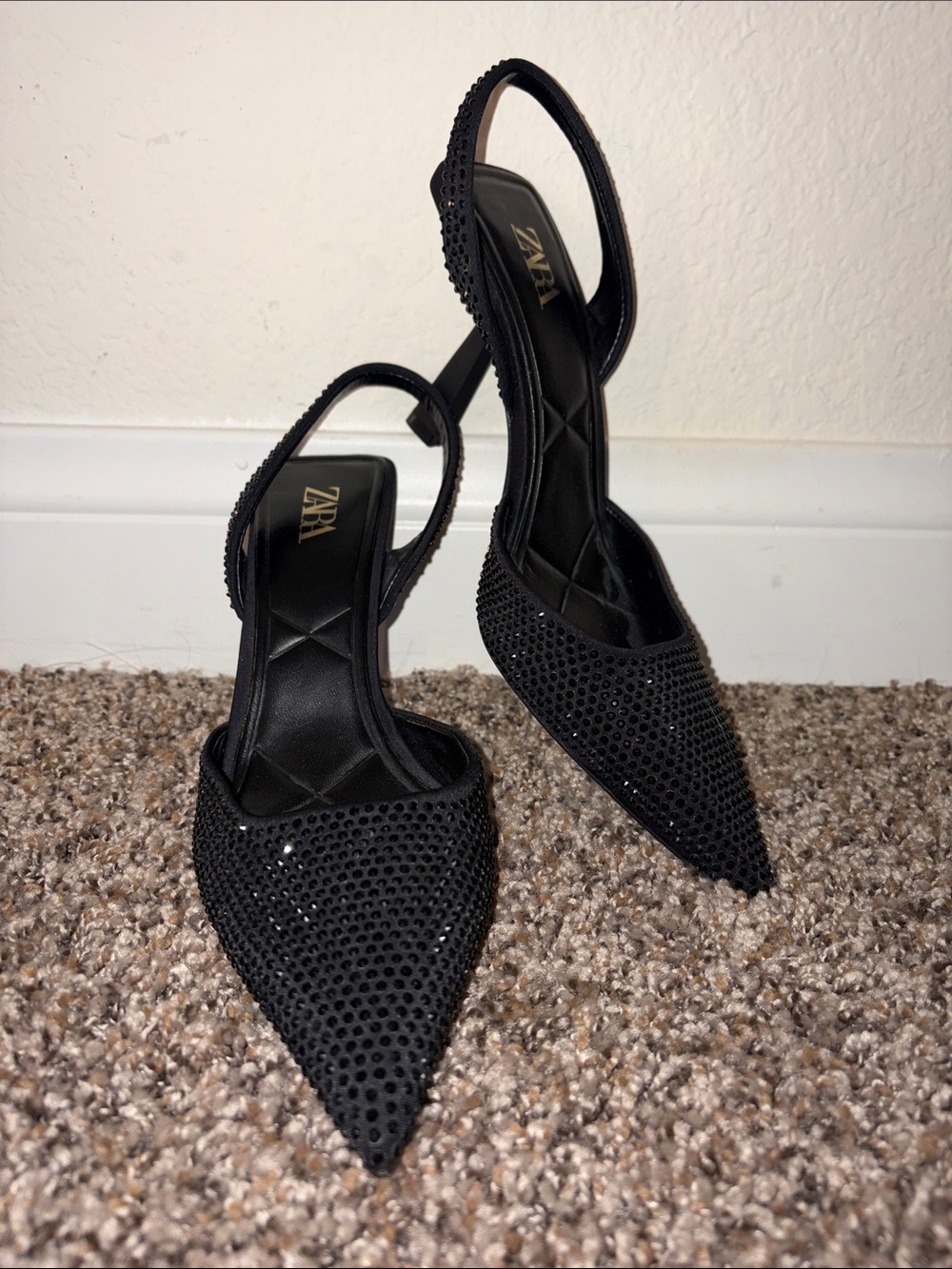 Zara Black Pointed Slingback Heels with Crystal Detailing